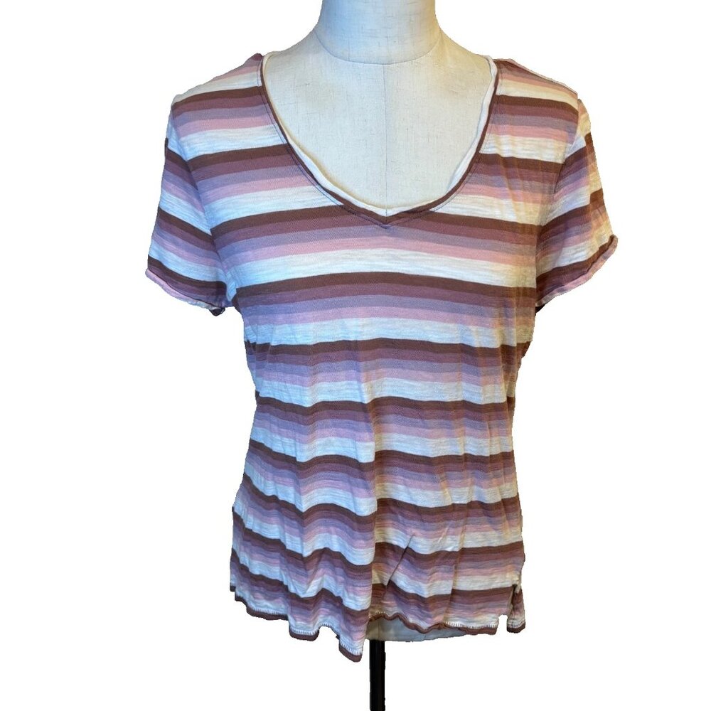 Lucky Brand Women's T-shirt Size Small Pink Striped V-Neck Short Sleeve